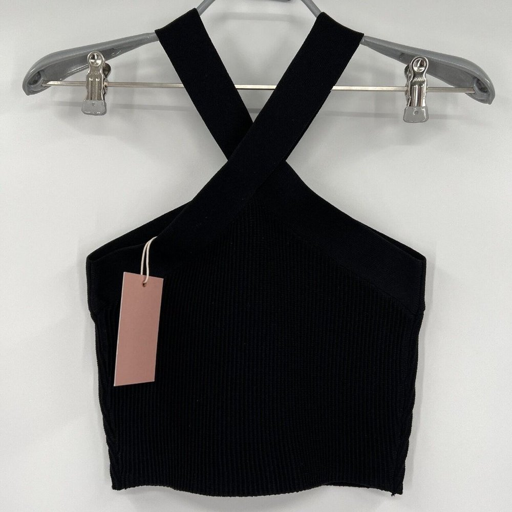 Quince Women's Cropped Halter Ribbed Sweater Knit Tank in Black size M NWT